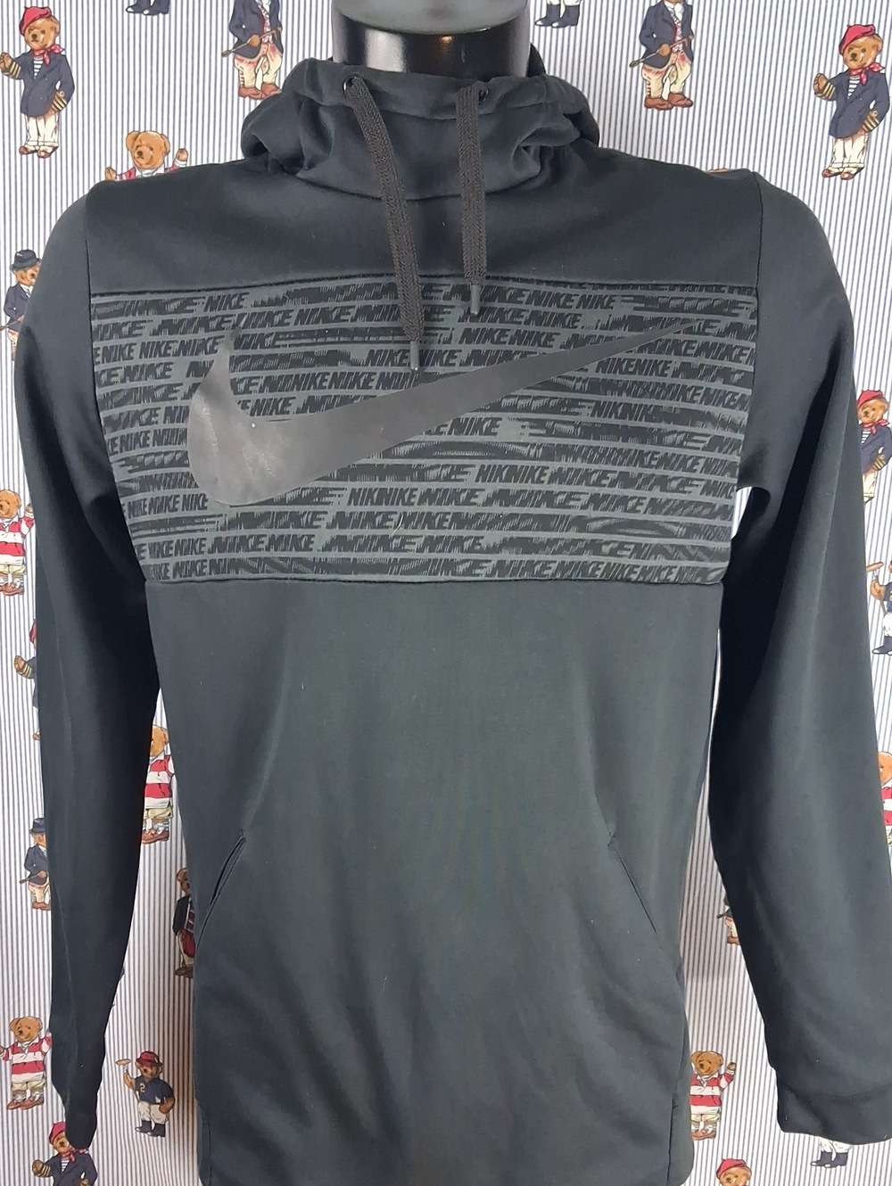 Nike Dri-fit Center Swoosh Spell Out Box Logo Black On Black Med Fitted Hoodie